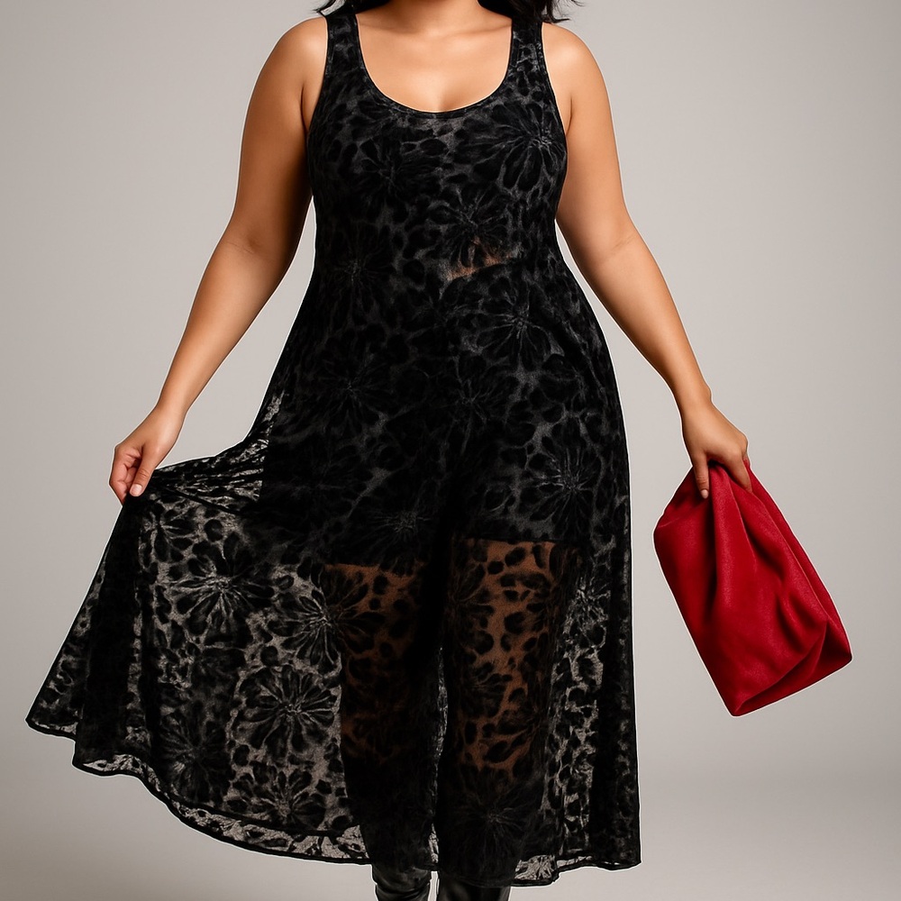 Avenue Body Velvet Burnout Semi-Sheer Overlay Dress 14/16 Black Floral Dark Glam